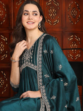 Women Green Silk Blend Embroidered A-Line Kurta Pant Set With Dupatta